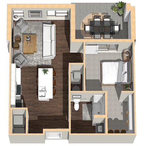 Floor plan for 1 bed, 1 bath, 748 sqft
