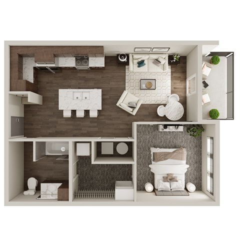 Floor plan for 1 bed, 1 bath, 677 sqft