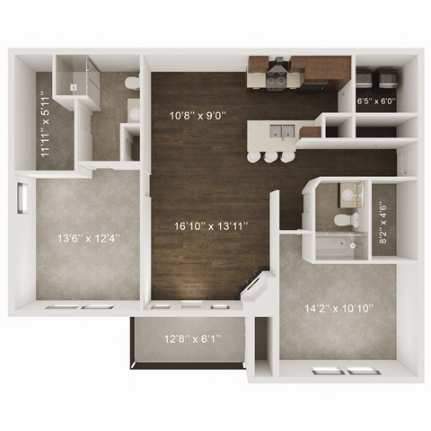 Floor plan for 2 beds, 2 baths, 1199 sqft