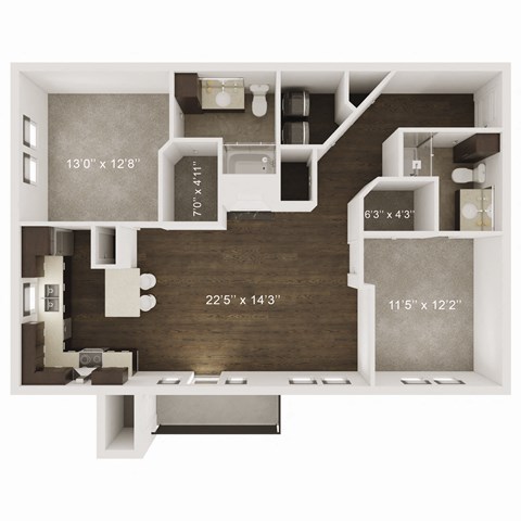 Floor plan for 2 beds, 2 baths, 1134 sqft