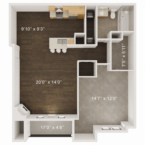 Floor plan for 1 bed, 1 bath, 857 sqft