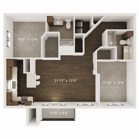 Floor plan for 2 beds, 2 baths, 1182 sqft