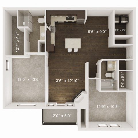 Floor plan for 2 beds, 2 baths, 1159 sqft