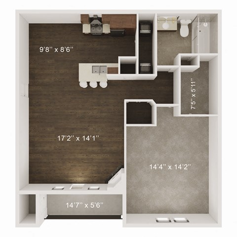 Floor plan for 1 bed, 1 bath, 865 sqft
