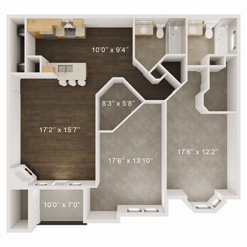 Floor plan for 2 beds, 2 baths, 1259 sqft