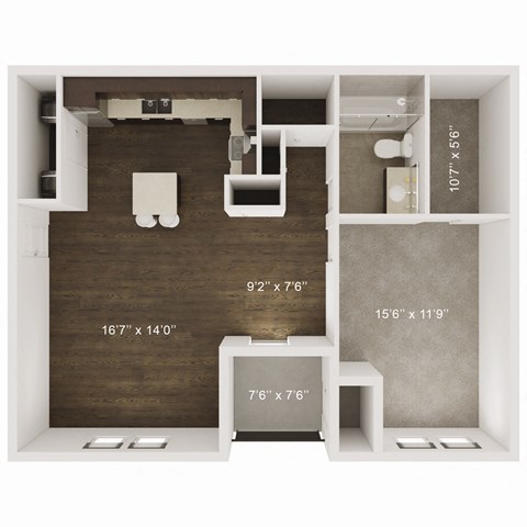 Floor plan for 1 bed, 1 bath, 805 sqft