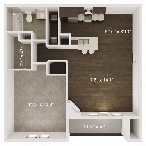 Floor plan for 1 bed, 1 bath, 865 sqft
