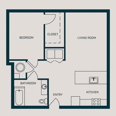 Floor plan for 1 bed, 1 bath, 731 sqft