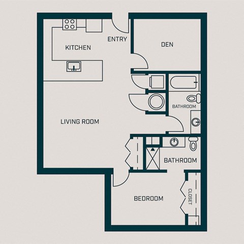 Floor plan for 1 bed, 2 baths, 962 sqft