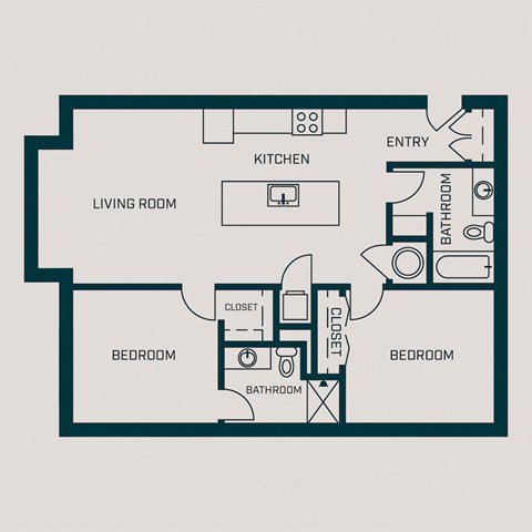 Floor plan for 2 beds, 2 baths, 1037 sqft