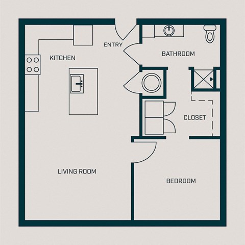 Floor plan for 1 bed, 1 bath, 728 sqft
