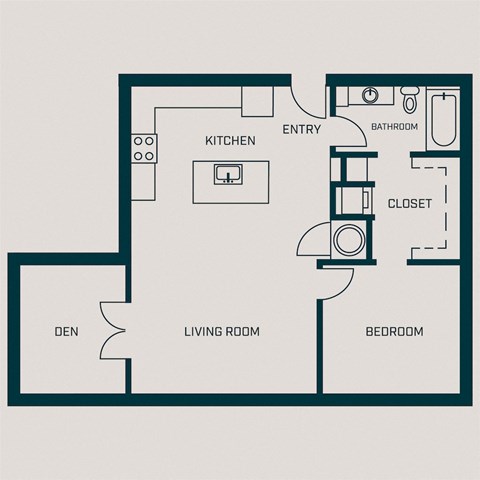 Floor plan for 1 bed, 1 bath, 909 sqft