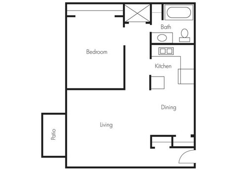 Floor plan for 1 bed, 1 bath, 750 sqft
