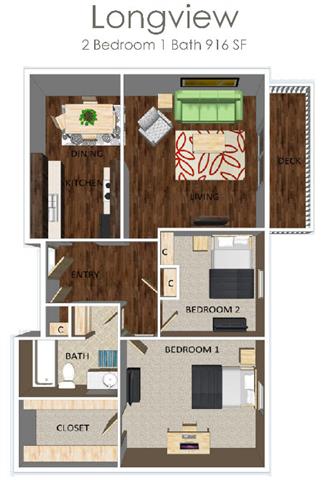 Floor plan for 2 beds, 1 bath, 916 sqft