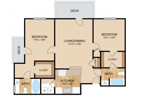 Floor plan for 2 beds, 2 baths, 1224 sqft