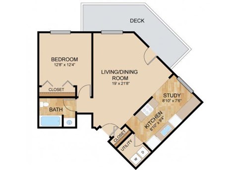 Floor plan for 1 bed, 1 bath, 883 sqft