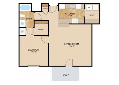 Floor plan for 1 bed, 1 bath, 894 sqft