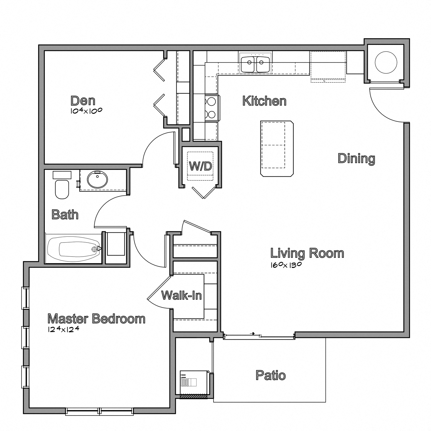 Floor plan for 1 bed, 1 bath, 942 sqft