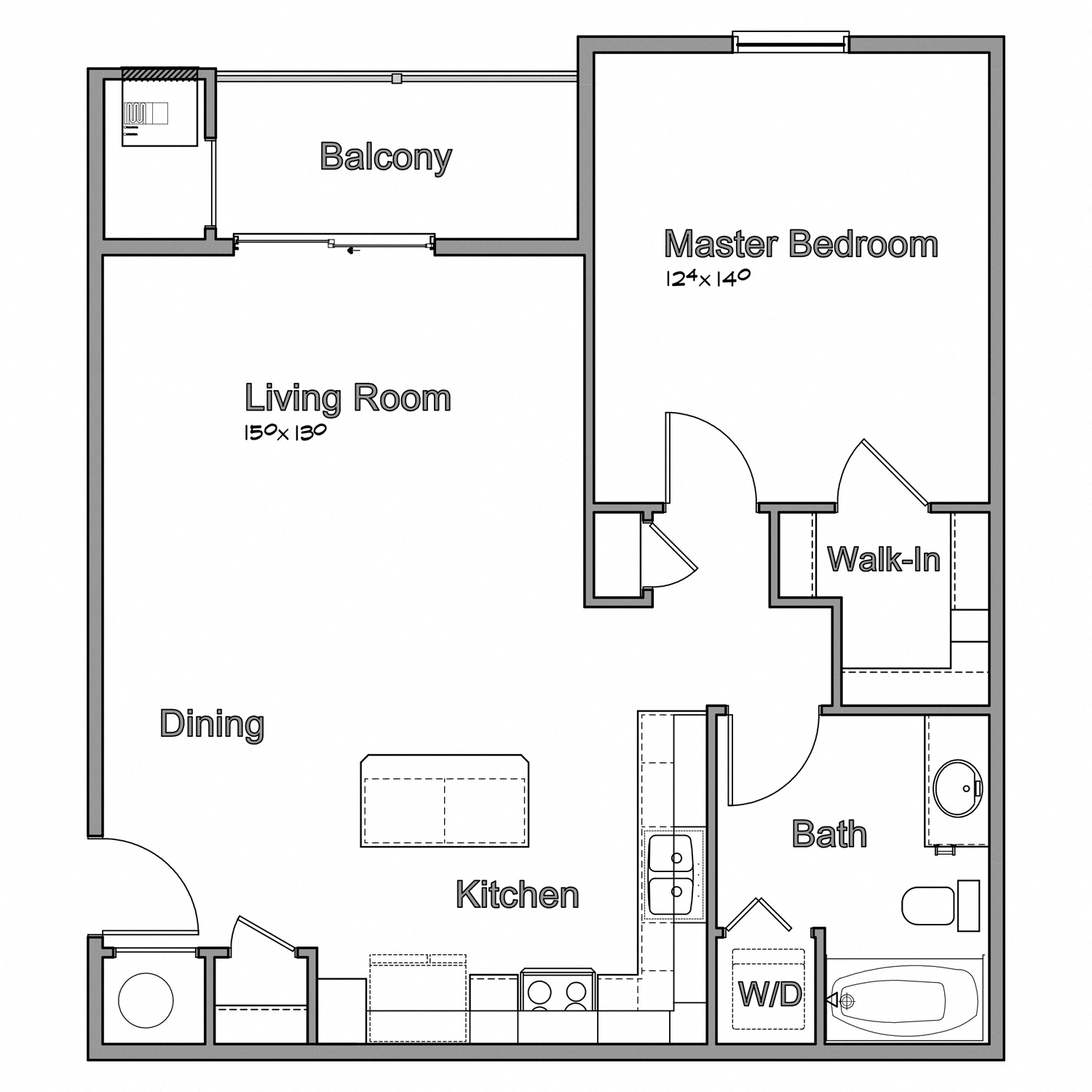 Floor plan for 1 bed, 1 bath, 836 sqft