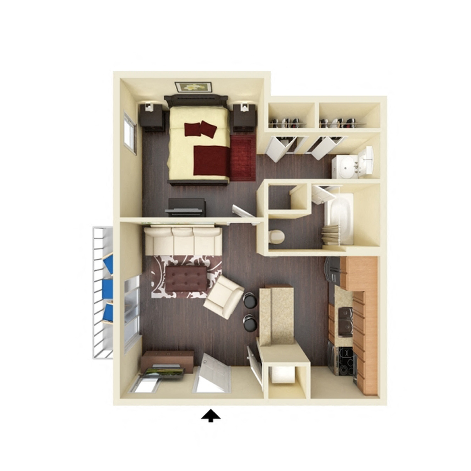 Floor plan for 1 bed, 1 bath, 565 sqft