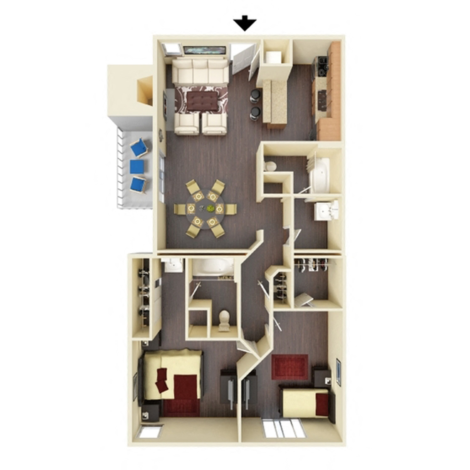 Floor plan for 2 beds, 2 baths, 1080 sqft
