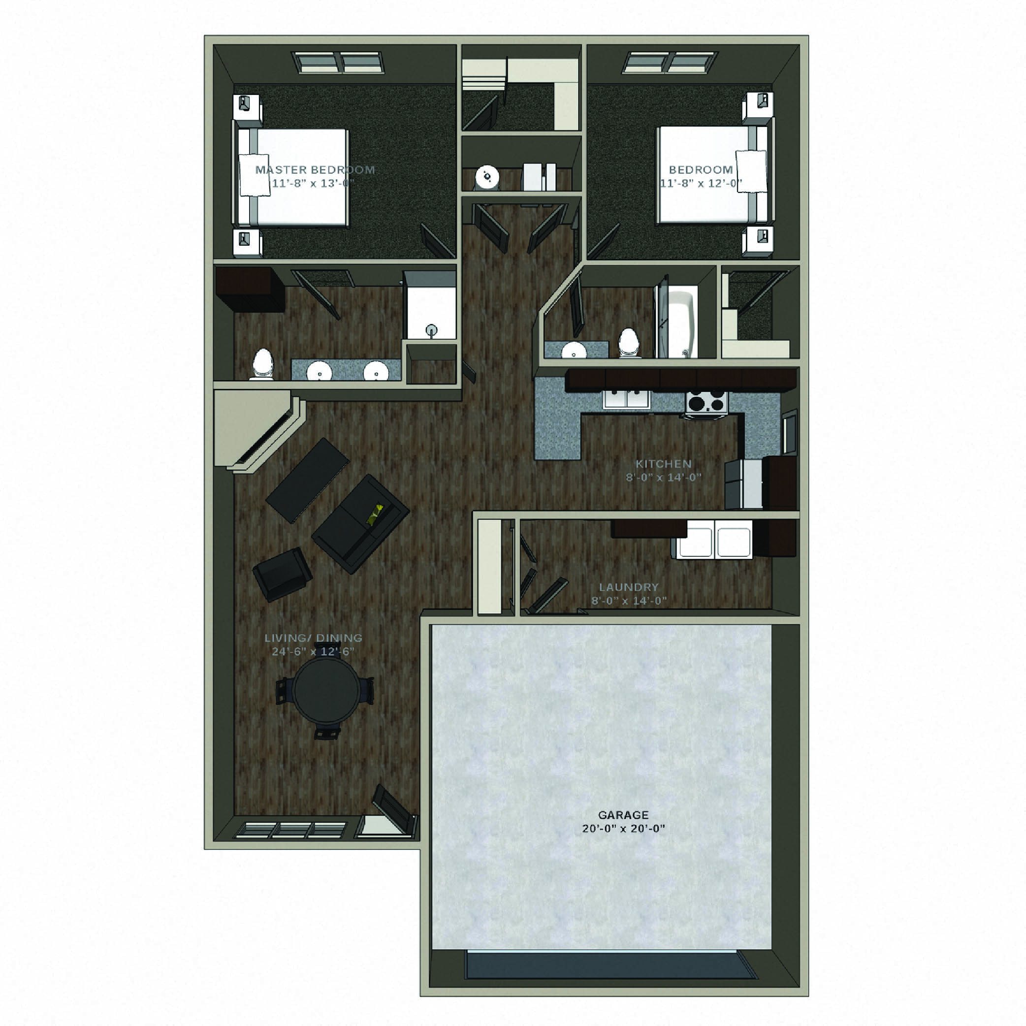 Floor plan for 2 beds, 2 baths, 1199 sqft