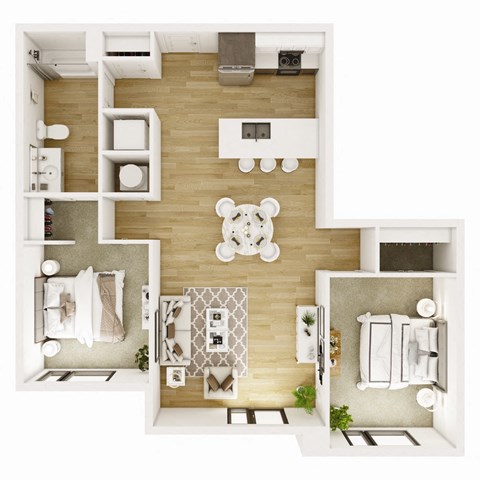 Floor plan for 2 beds, 1 bath, 942 sqft