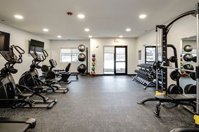 Bellevue apartment for rent - VUE 19 (Fitness Center)  A gym with a variety of equipment including treadmills, weights, and exercise balls.