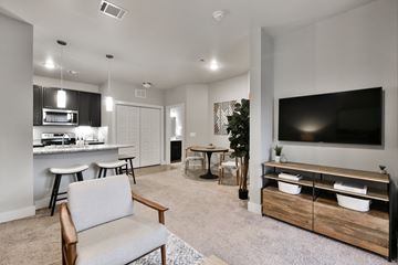 Papillion apartment for rent - A modern living room with a grey sofa and a wooden coffee table.