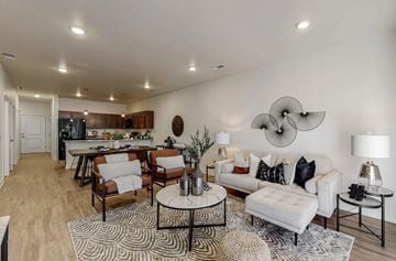 Waukee townhouse for rent - A living room with a white couch and a patterned rug.