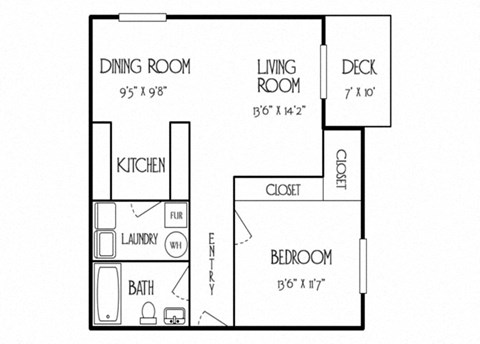 Floor plan for 1 bed, 1 bath, 800 sqft