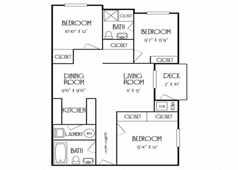 Floor plan for 3 beds, 2 baths, 1300 sqft