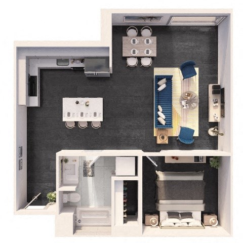 Floor plan for 1 bed, 1 bath, 723 sqft