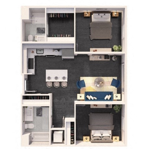 Floor plan for 2 beds, 2 baths, 908 sqft