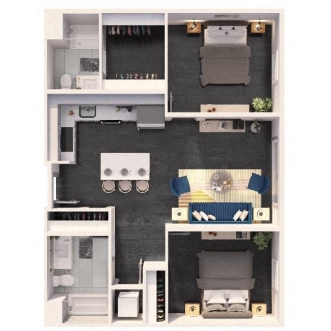 Floor plan for 2 beds, 2 baths, 947 sqft