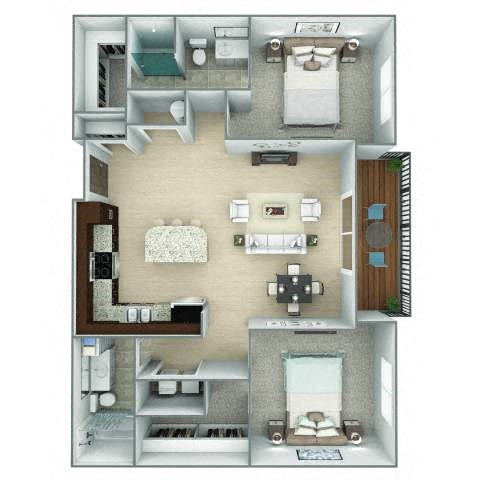 Floor plan for 2 beds, 2 baths, 1077 sqft