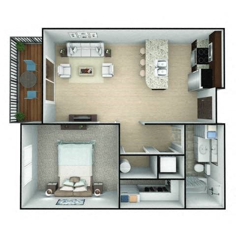 Floor plan for 1 bed, 1 bath, 670 sqft