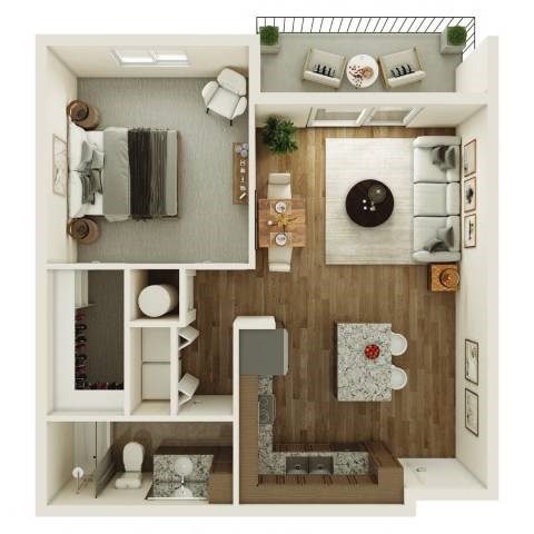 Floor plan for 1 bed, 1 bath, 721 sqft