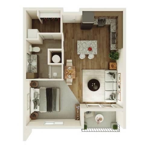 Floor plan for studio, 1 bath, 611 sqft