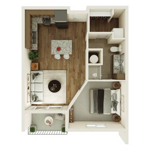 Floor plan for 1 bed, 1 bath, 611 sqft
