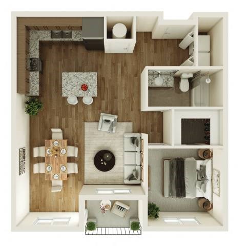 Floor plan for 1 bed, 1 bath, 767 sqft