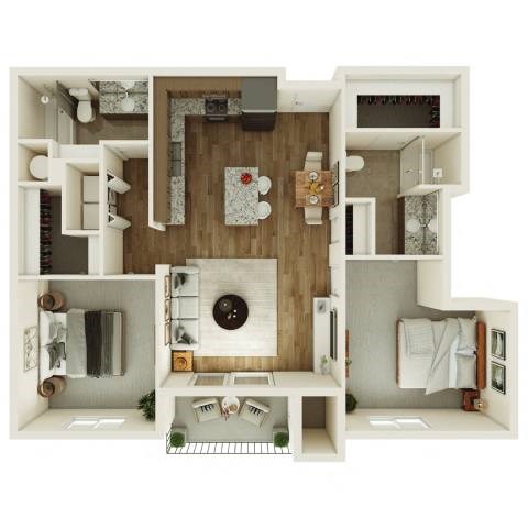 Floor plan for 2 beds, 2 baths, 1032 sqft