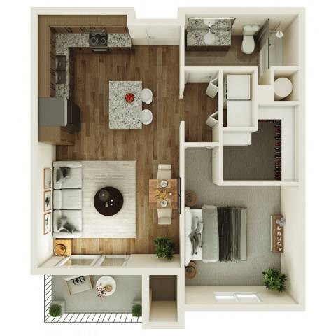 Floor plan for 1 bed, 1 bath, 724 sqft