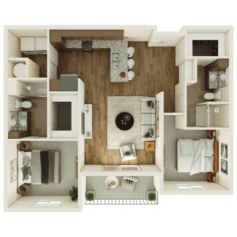 Floor plan for 2 beds, 2 baths, 1033 sqft