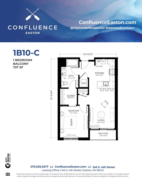 Floor plan for 1 bed, 1 bath, 727 sqft