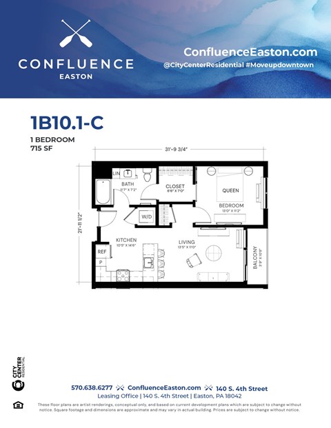 Floor plan for 1 bed, 1 bath, 715 sqft