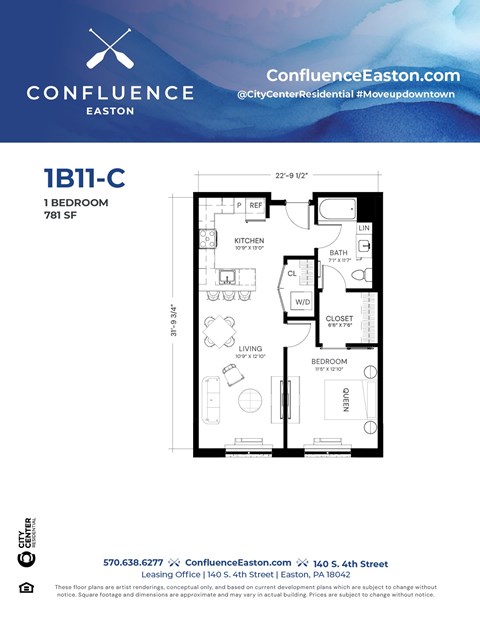 Floor plan for 1 bed, 1 bath, 781 sqft