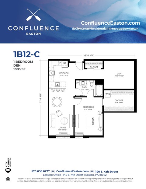 Floor plan for 1 bed, 1 bath, 1083 sqft