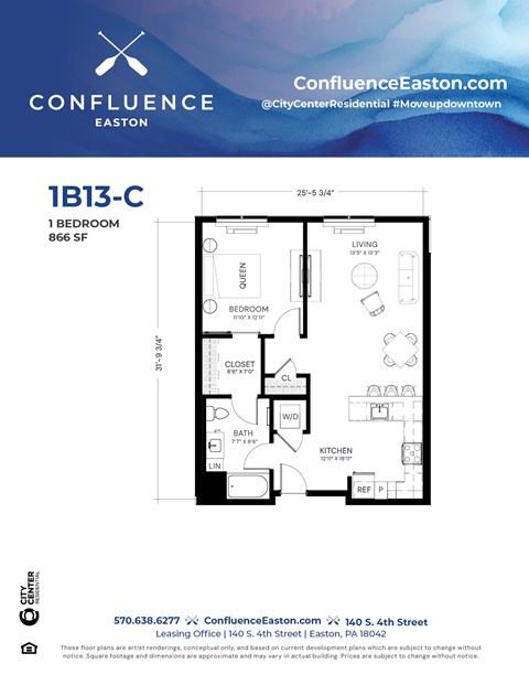 Floor plan for 1 bed, 1 bath, 866 sqft