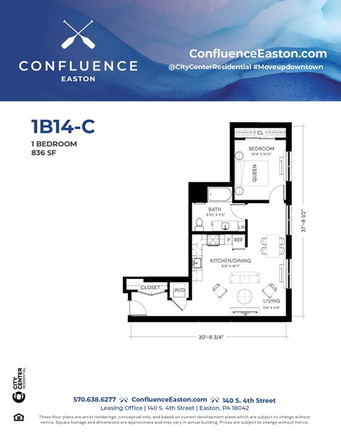Floor plan for 1 bed, 1 bath, 836 sqft